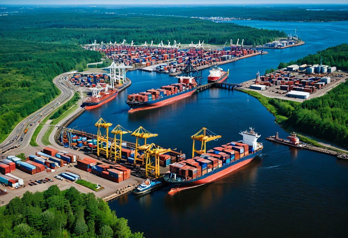 A dynamic aerial view of Duluth's bustling shipping industry, featuring large cargo ships and cranes in a vibrant harbor surrounded by lush green landscapes. Include modern shipping containers with colorful designs, bustling workers, and a clear blue sky to capture the essence of change and innovation. Add subtle hints of technology like drones or digital overlays to represent the latest trends. super-realistic. vibrant colors. aerial perspective.