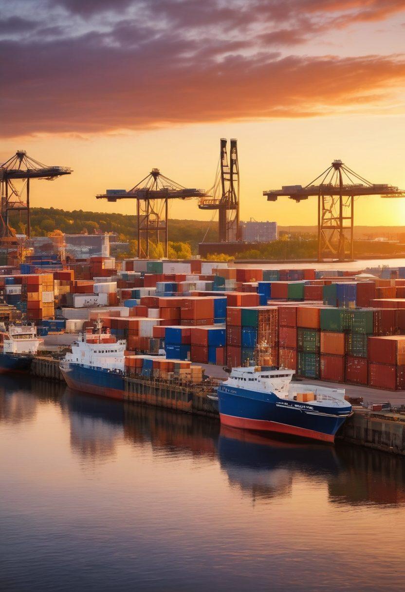 A scenic view of the Duluth harbor with colorful shipping containers stacked neatly, alongside a bustling waterfront with boats and cranes. The sun setting in the background casts vibrant colors on the water, symbolizing movement and navigation. In the foreground, include a navigation map and compass to signify guidance. super-realistic. vibrant colors. 3D.